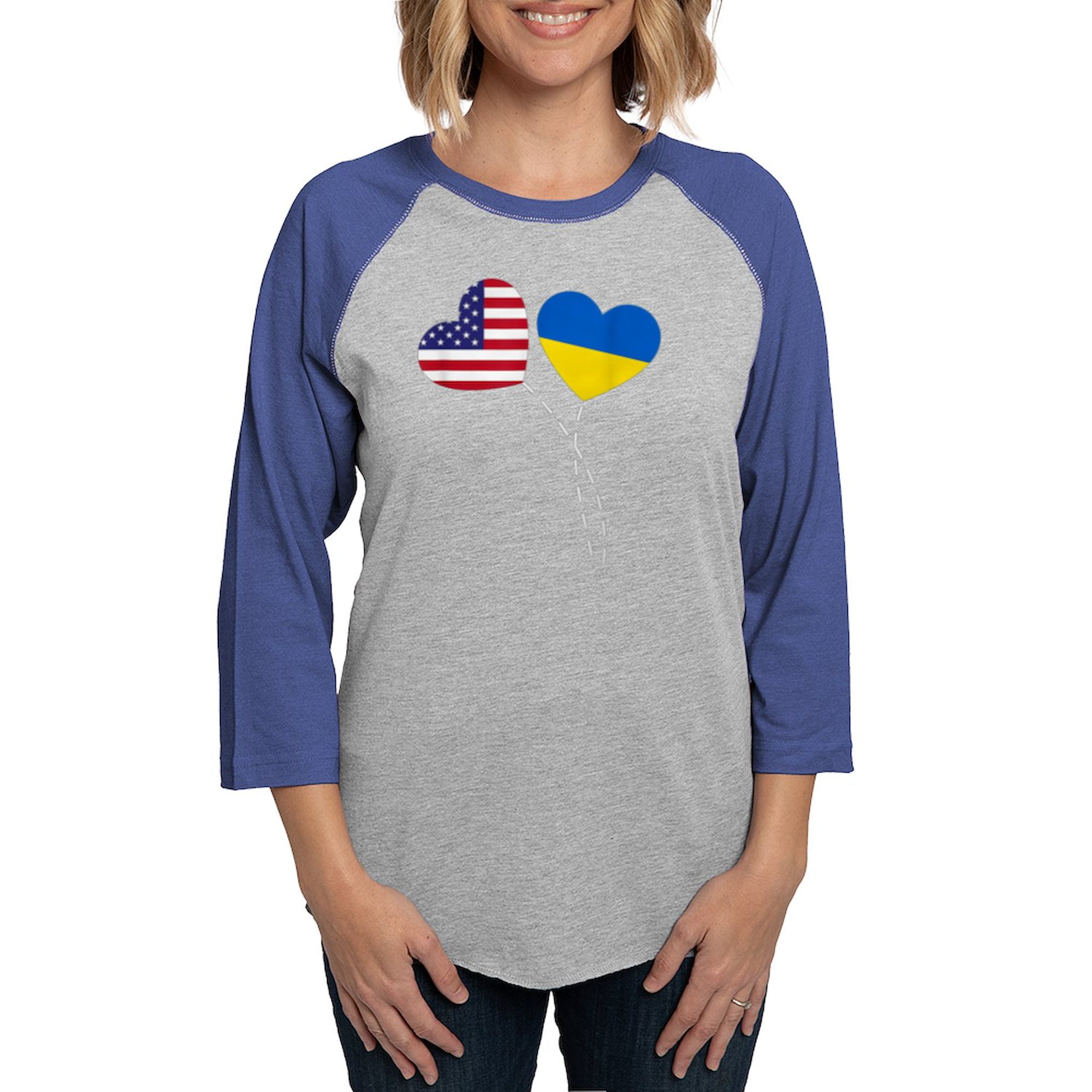 CafePress - Loving USA Ukraine Flag Heart Long Sleeve T Shirt - Womens Baseball Tee