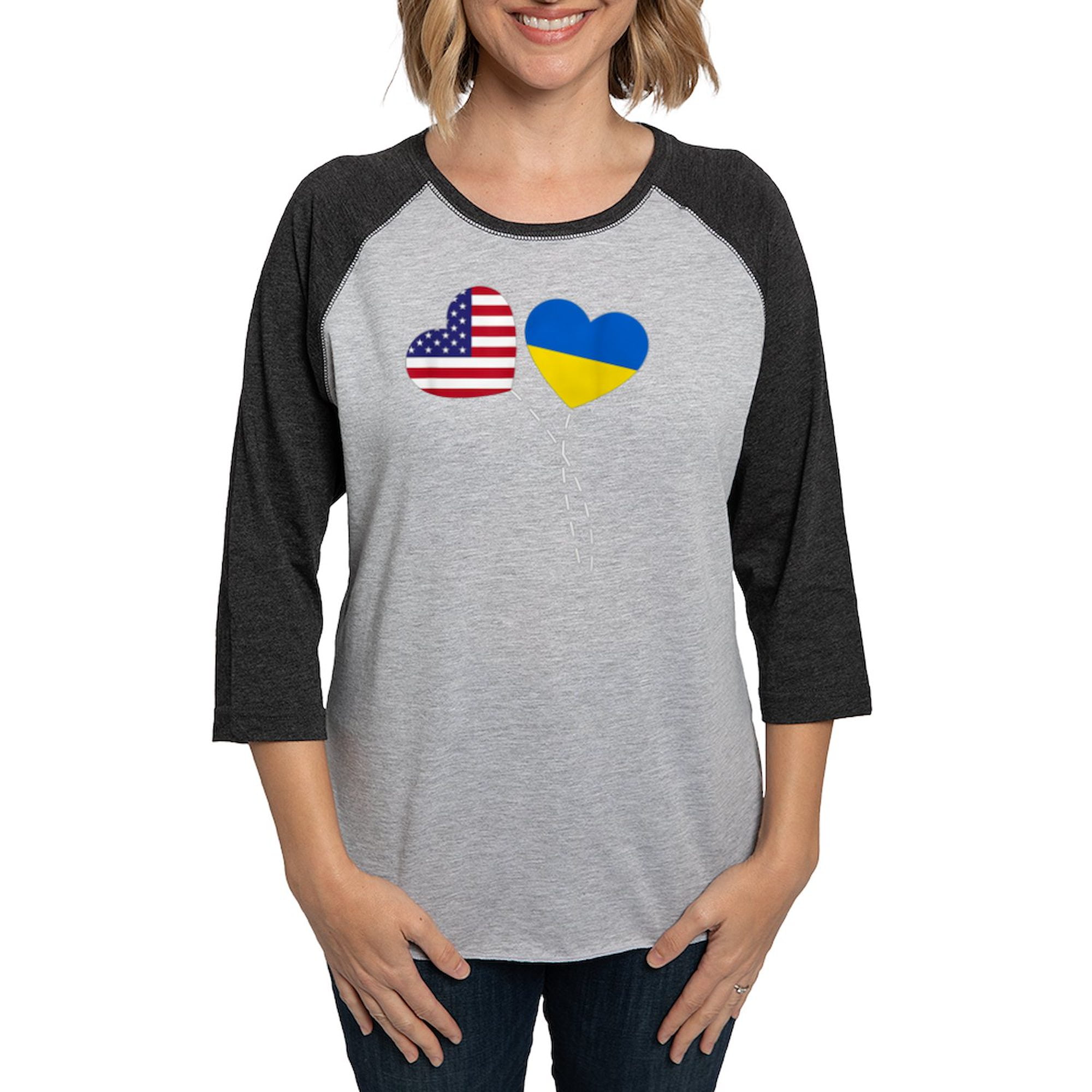 CafePress - Loving USA Ukraine Flag Heart Long Sleeve T Shirt - Womens Baseball Tee