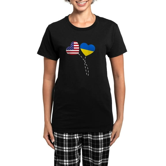 CafePress - Loving USA Ukraine Flag Heart Ukrainian Am Pajamas - Women's Short Sleeve Print T-Shirt and Pants Dark Cotton Pajama Set
