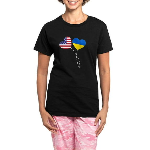 CafePress - Loving USA Ukraine Flag Heart Ukrainian Am Pajamas - Women's Short Sleeve Print T-Shirt and Pants Dark Cotton Pajama Set