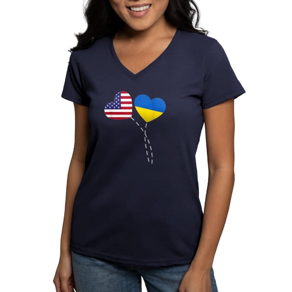 CafePress - Loving USA Ukraine Flag Heart Ukrainian Am T Shirt - Women's V-Neck Dark T-Shirt