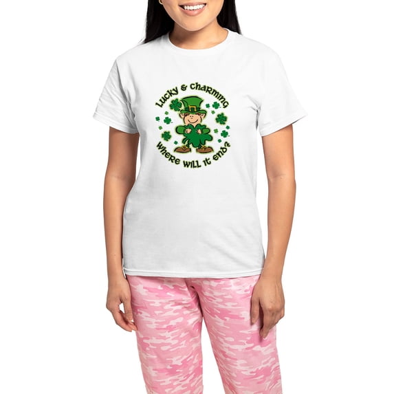 CafePress - Lucky & Charming Kids Women's Light Pajamas - Women's Short Sleeve Print T-Shirt and Pants Light Cotton Pajama Set