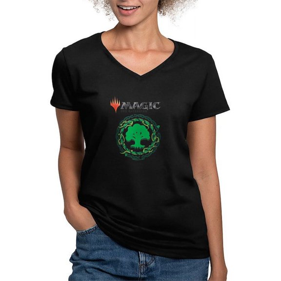 CafePress - Magic Green Mana Symbol T Shirt - Women's V-Neck Dark T-Shirt
