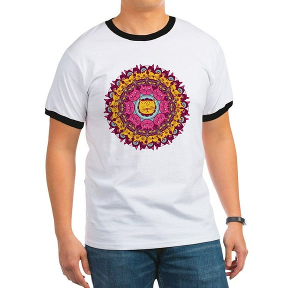 CafePress - Mandala Cats T Shirt - 100% Cotton Ringed T-Shirt