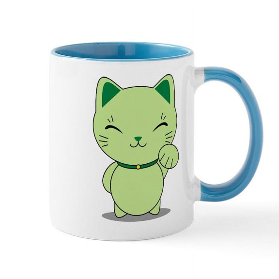 CafePress - Maneki Neko Green Lucky Cat Mug - 11 oz Ceramic Mug - Novelty Coffee Tea Cup