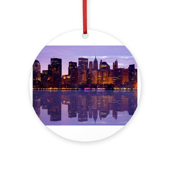 CafePress - Manhattan Cityscape Reflectio -  Round Wood Ornament 4"