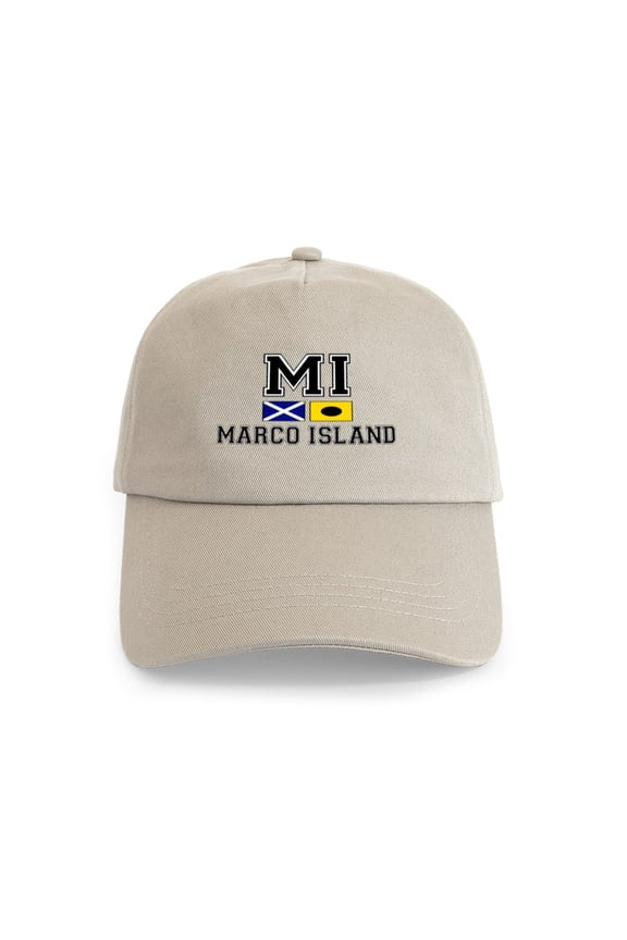 - Marco Island FL Nautical Flags Design Cap - Adjustable 100% Brushed Unisex Casual Cotton Baseball Cap, Beige, 1