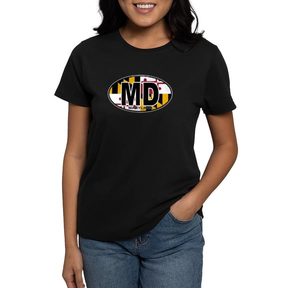 CafePress - Maryland MD Oval (W/Flag) Women's Dark T Shirt - Women's Traditional Fit Dark T-Shirt