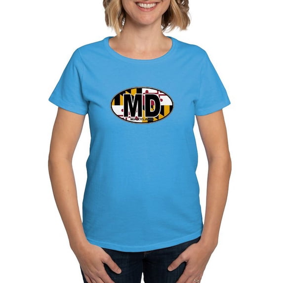 CafePress - Maryland MD Oval (W/Flag) Women's Dark T Shirt - Women's Traditional Fit Dark T-Shirt
