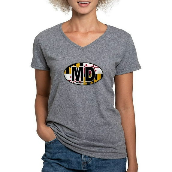 CafePress - Maryland MD Oval (W/Flag) Women's V Neck Dark T Sh - Women's V-Neck Dark T-Shirt