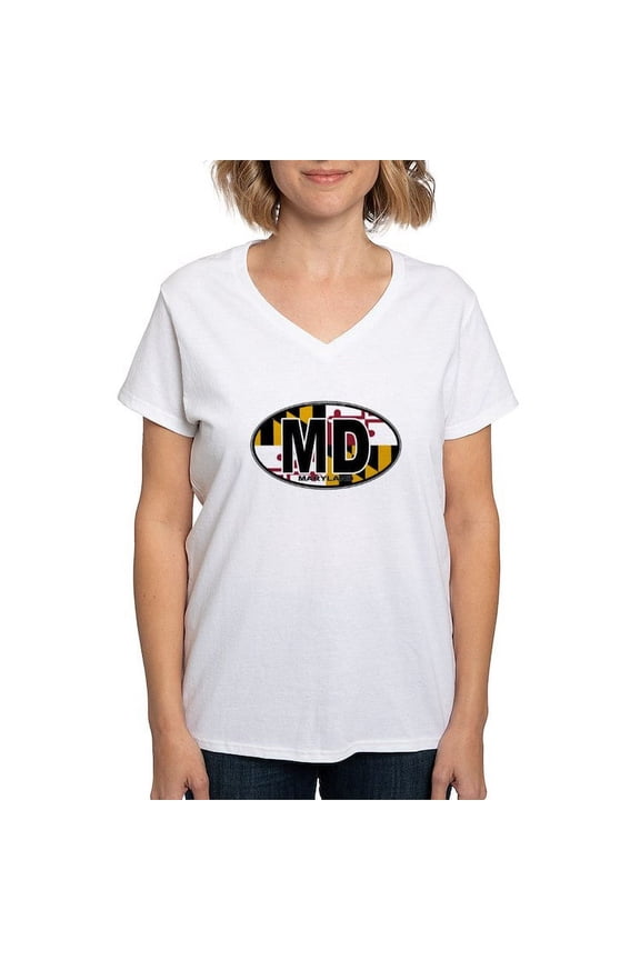 - Maryland MD Oval (W/Flag) Women's V Neck T Shirt - Womens Cotton V-Neck T-shirt