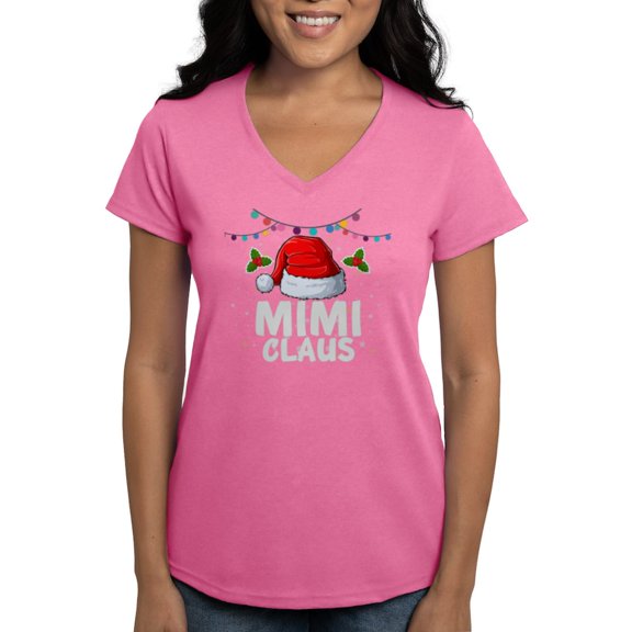 CafePress - Mimi Claus Santa Hat Christmas T Shirt - Women's V-Neck Dark T-Shirt