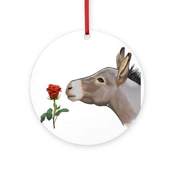CafePress - Mini Donkey Smelling A Long Stem Red Rose Ornament - Round Wood Ornament 4"