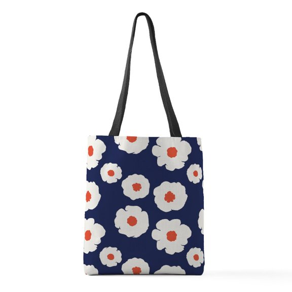 CafePress - Minimal Floral Pattern Navy Whi - Polyester Tote Bag 16"x16"