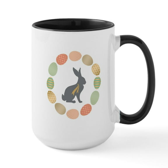CafePress - Modern Vintage Graphic Easter Bunny And Wreath Of - 15 oz Ceramic Large White Novelty Mug