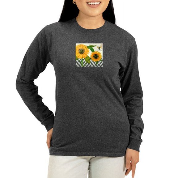 CafePress - Modern Vintage Sunflower Long Sleeve T Shirt - Women's Long Sleeve Graphic Tee Casual Fit