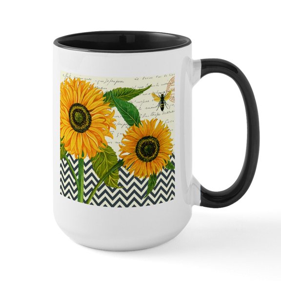 CafePress - Modern Vintage Sunflower Mugs - 15 oz Ceramic Large White Novelty Mug