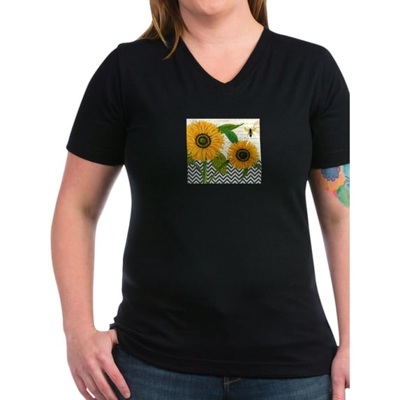 CafePress - Modern Vintage Sunflower T Shirt - Women's V-Neck Dark T-Shirt