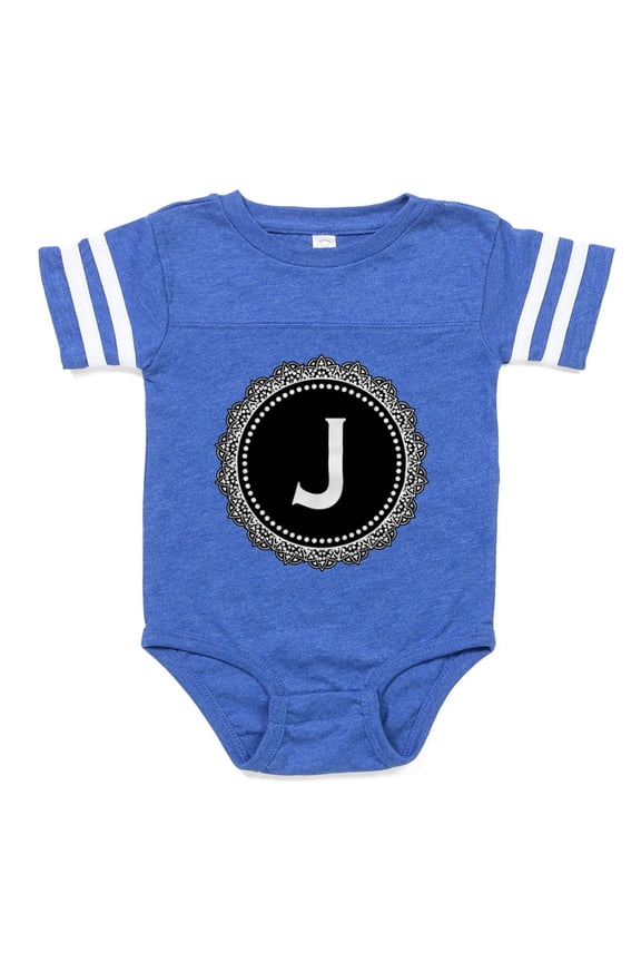 - Monogram Medallion J - Cute Infant Baby Football Bodysuit