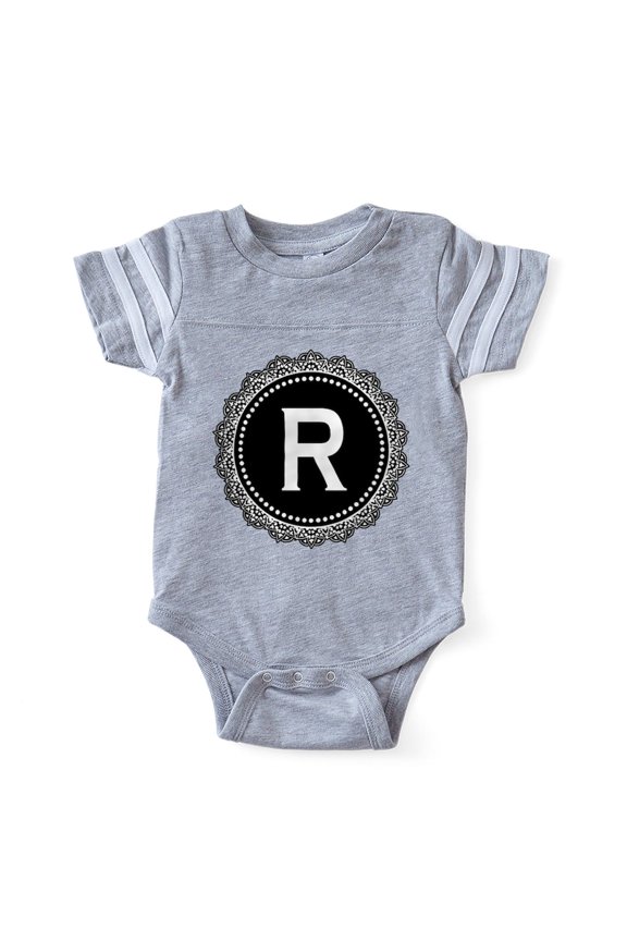 - Monogram Medallion R - Cute Infant Baby Football Bodysuit