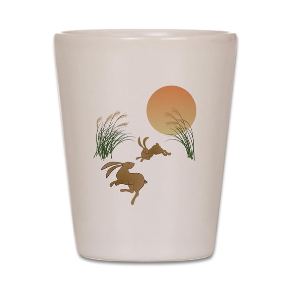 CafePress - Moon, Japanese Pampas Grass And Rabbits - White Shot Glass, Unique and Funny Shot Glass