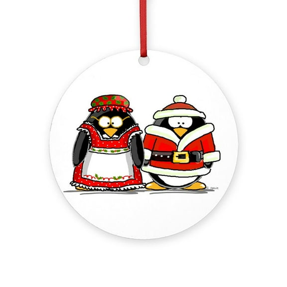 CafePress - Mr. And Mrs. Claus Penguins -  Round Wood Ornament 4"