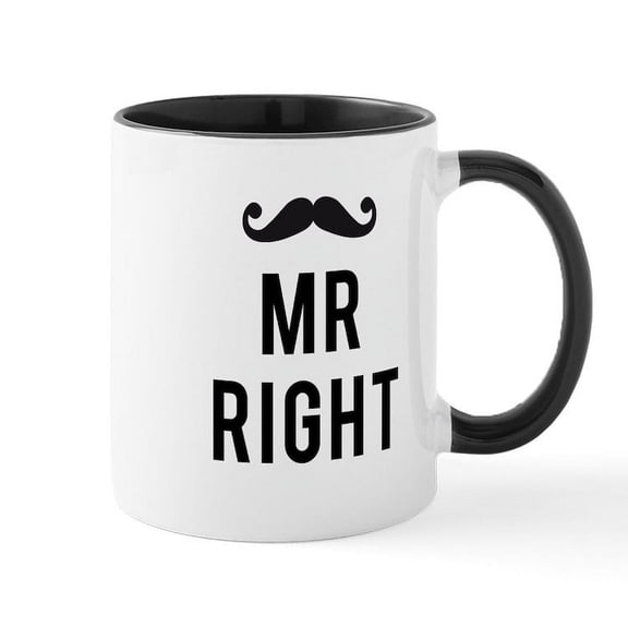 CafePress - Mr. Right Text Design With Mustache Mug - 11 oz Ceramic Mug - Novelty Coffee Tea Cup