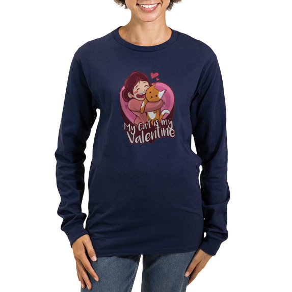 CafePress - My Cat Is My Valentine Long Sleeve T Shirt - Women's Long Sleeve Graphic Tee Casual Fit