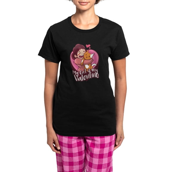 CafePress - My Cat Is My Valentine Pajamas - Women's Short Sleeve Print T-Shirt and Pants Dark Cotton Pajama Set