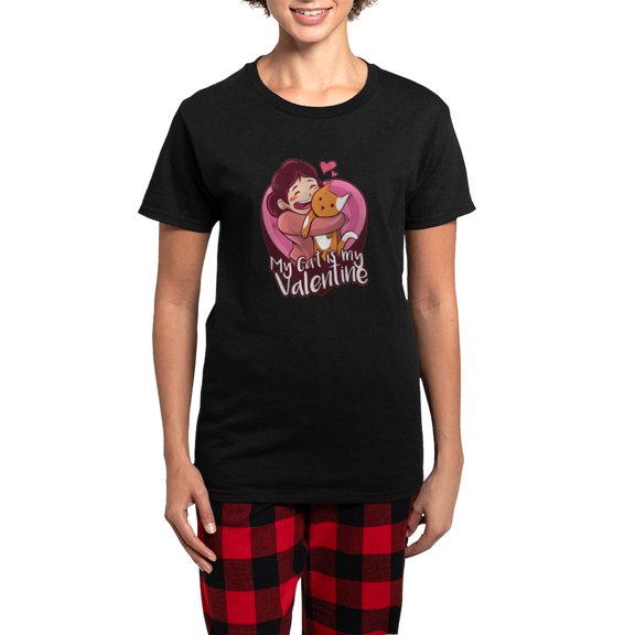 CafePress - My Cat Is My Valentine Pajamas - Women's Short Sleeve Print T-Shirt and Pants Dark Cotton Pajama Set