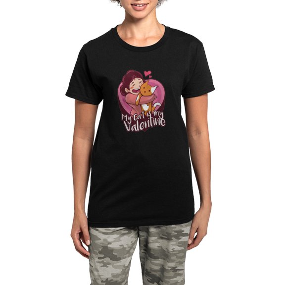 CafePress - My Cat Is My Valentine Pajamas - Women's Short Sleeve Print T-Shirt and Pants Dark Cotton Pajama Set