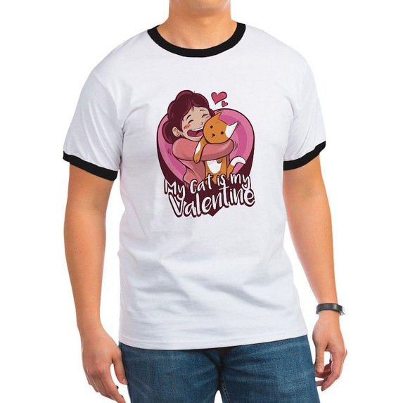 CafePress - My Cat Is My Valentine T Shirt - 100% Cotton Ringed T-Shirt