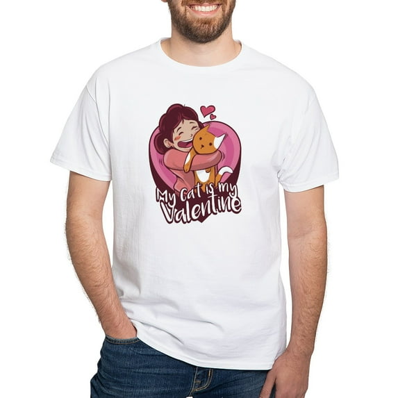 CafePress - My Cat Is My Valentine T Shirt - Men's White Classic Cotton T-Shirts