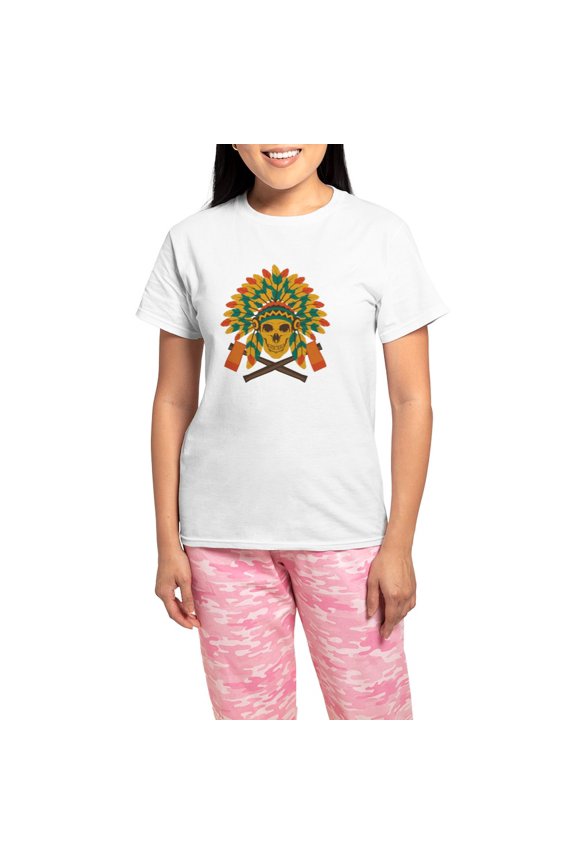- Native Skull Headdress Pajamas - Women's Short Sleeve Print T-Shirt and Pants Light Cotton Pajama Set