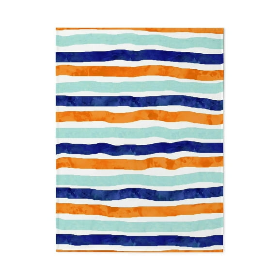 CafePress - Navy Orange Sky Blue Watercolor Stripes Pattern - Large Plush Fleece Throw Blanket, 80" L x 60" W