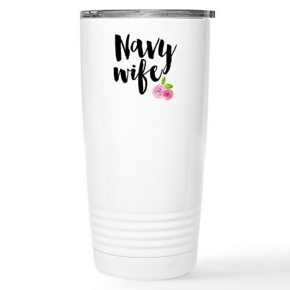 CafePress - Navy Wife Pink Roses Travel Mug - Insulated Stainless Steel Travel Tumbler 20 oz.