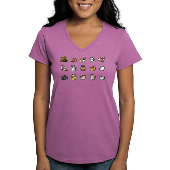 CafePress - Neko Atsume Women's V Neck T Shirt - Women's V-Neck Dark T-Shirt