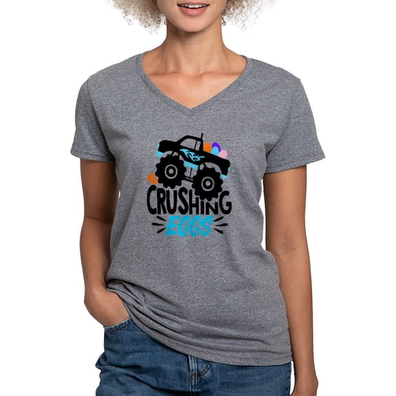 CafePress - New Easter Monster Truck Crushing Eggs T Shirt - Women's V-Neck Dark T-Shirt