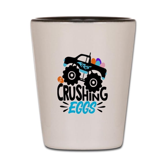 CafePress - New Easter Monster Truck Crushing Eggs - White/Black Shot Glass, Unique and Funny Shot Glass