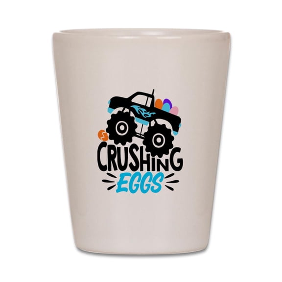 CafePress - New Easter Monster Truck Crushing Eggs - White Shot Glass, Unique and Funny Shot Glass