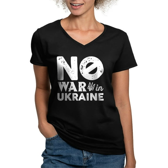 CafePress - No War In Ukraine Women's V Neck Dark T Shirt - Women's V-Neck Dark T-Shirt