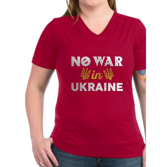 CafePress - No War In Ukraine Women's V Neck Dark T Shirt - Women's V-Neck Dark T-Shirt