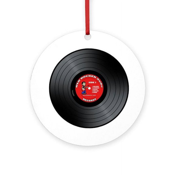 CafePress - Old Rocker Dude Vinyl Record - Round Wood Ornament 4"