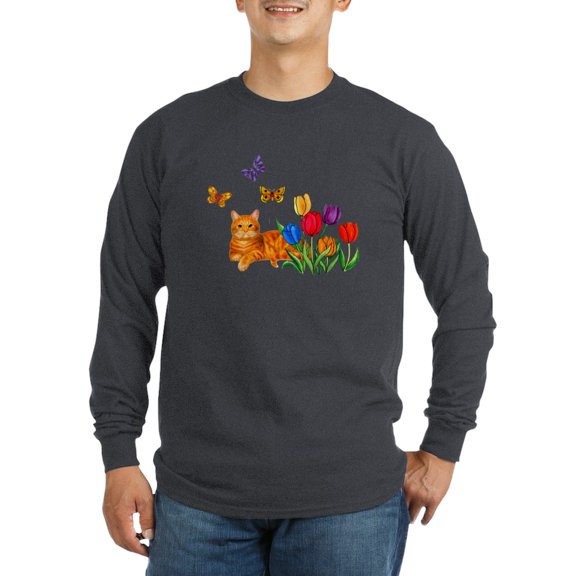 CafePress - Orange Cat In Tulips Long Sleeve T Shirt - Long Sleeve Dark T-Shirt