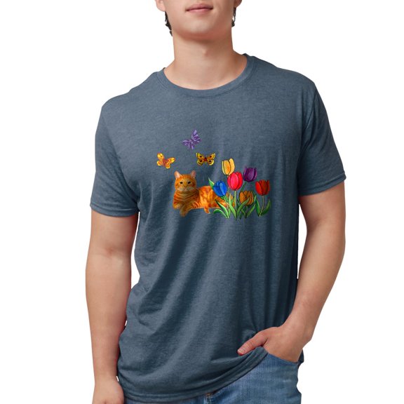 CafePress - Orange Cat In Tulips Men's Deluxe T Shirt - Mens Tri-blend T-Shirt