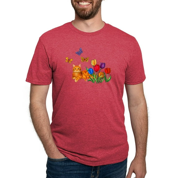 CafePress - Orange Cat In Tulips Men's Deluxe T Shirt - Mens Tri-blend T-Shirt