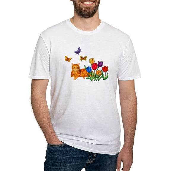 CafePress - Orange Cat In Tulips T Shirt - Fitted T-Shirt, Vintage Fit Soft Cotton Tee