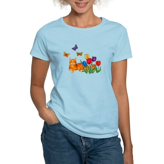 CafePress - Orange Cat In Tulips T Shirt - Women's Classic T-Shirt