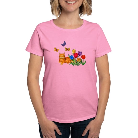 CafePress - Orange Cat In Tulips T Shirt - Women's Traditional Fit Dark T-Shirt