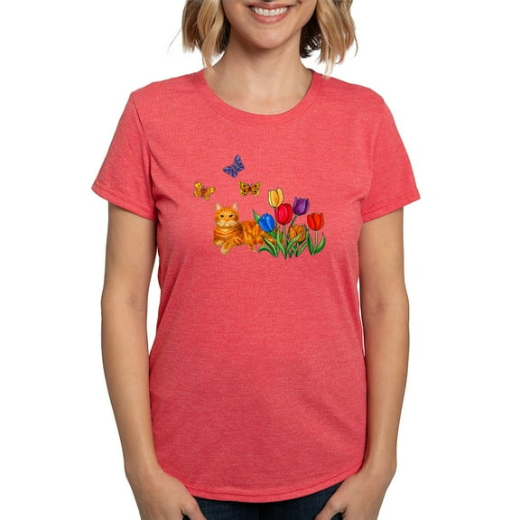 CafePress - Orange Cat In Tulips Womens Tri Blend T Shirt - Womens Tri-blend T-Shirt